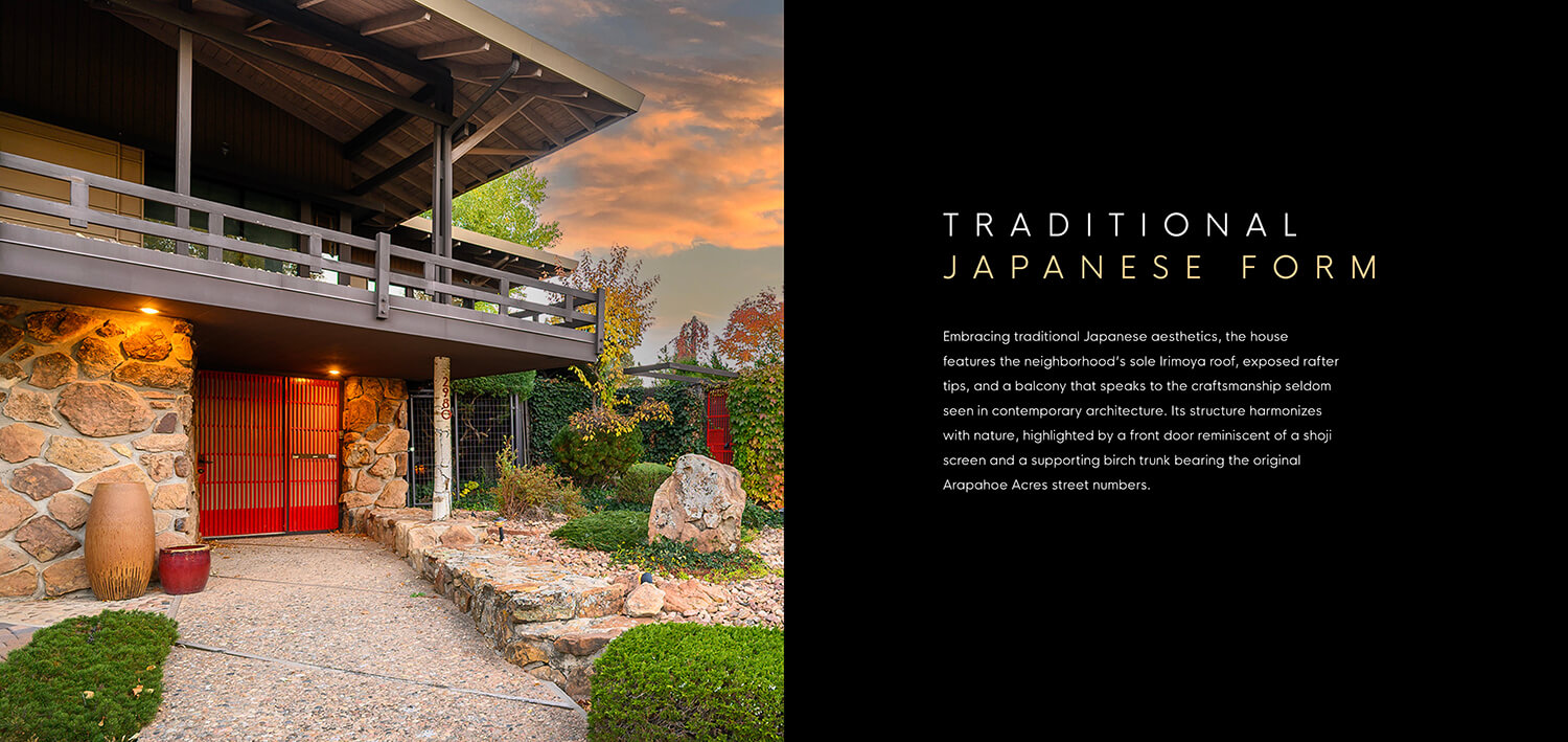 Embracing traditional Japanese aesthetics, the house features the neighborhood’s sole Irimoya roof, exposed rafter tips, and a balcony that speaks to the craftsmanship seldom seen in contemporary architecture. Its structure harmonizes with nature, highlighted by a front door reminiscent of a shoji screen and a supporting birch trunk bearing the original Arapahoe Acres street numbers.