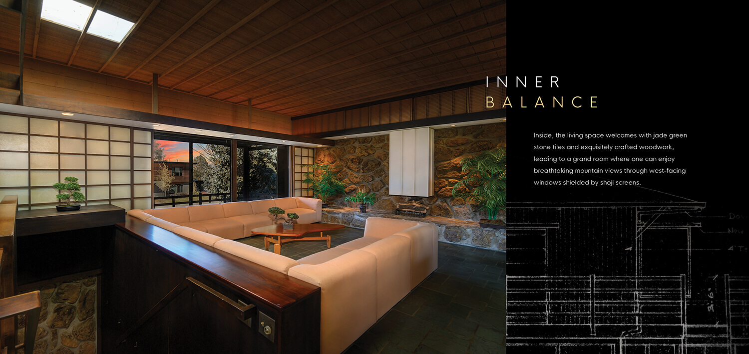 Inside, the living space welcomes with jade green stone tiles and exquisitely crafted woodwork, leading to a grand room where one can enjoy breathtaking mountain views through west-facing windows shielded by shoji screens. 